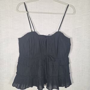 Y2k Black Babydoll Tank Small Spaghetti Strap Front Tie Ruffle Detail Peephole